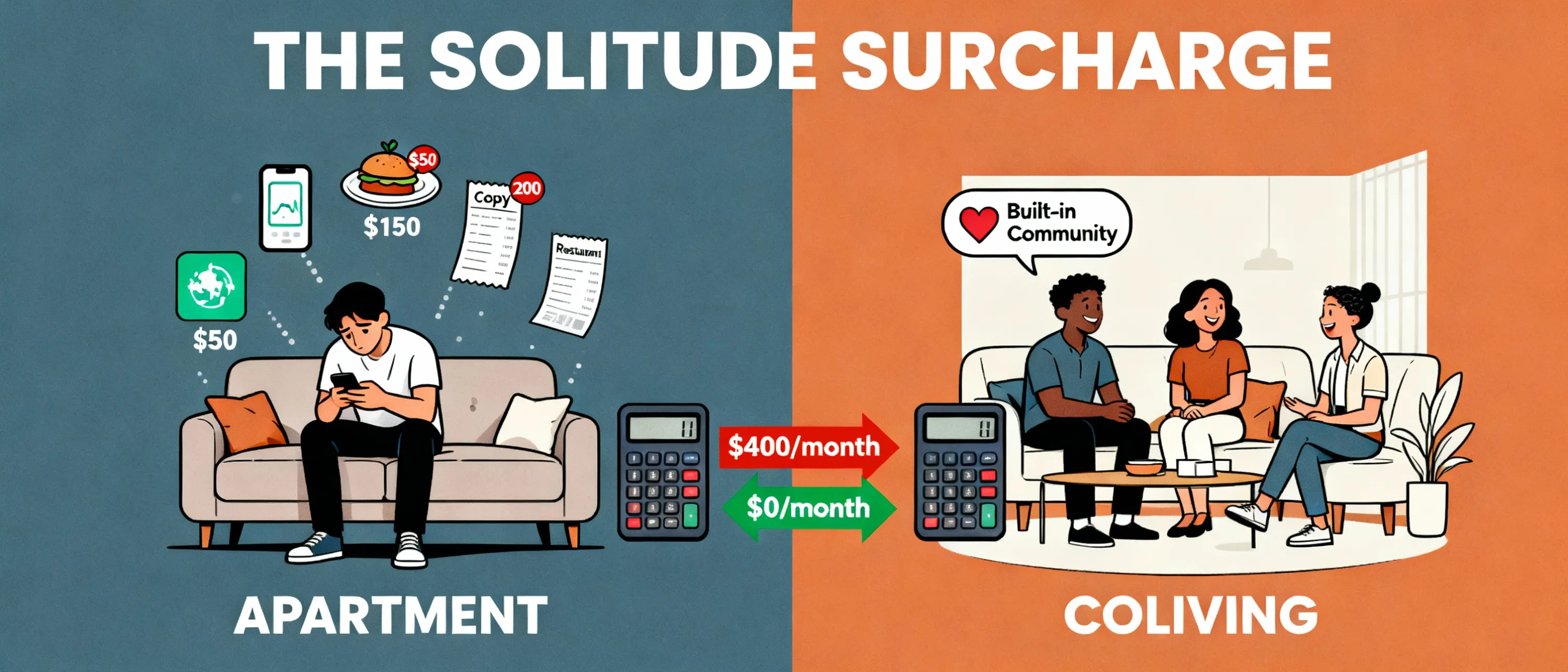 Infographic comparing monthly emotional costs of living alone versus the built-in community of coliving