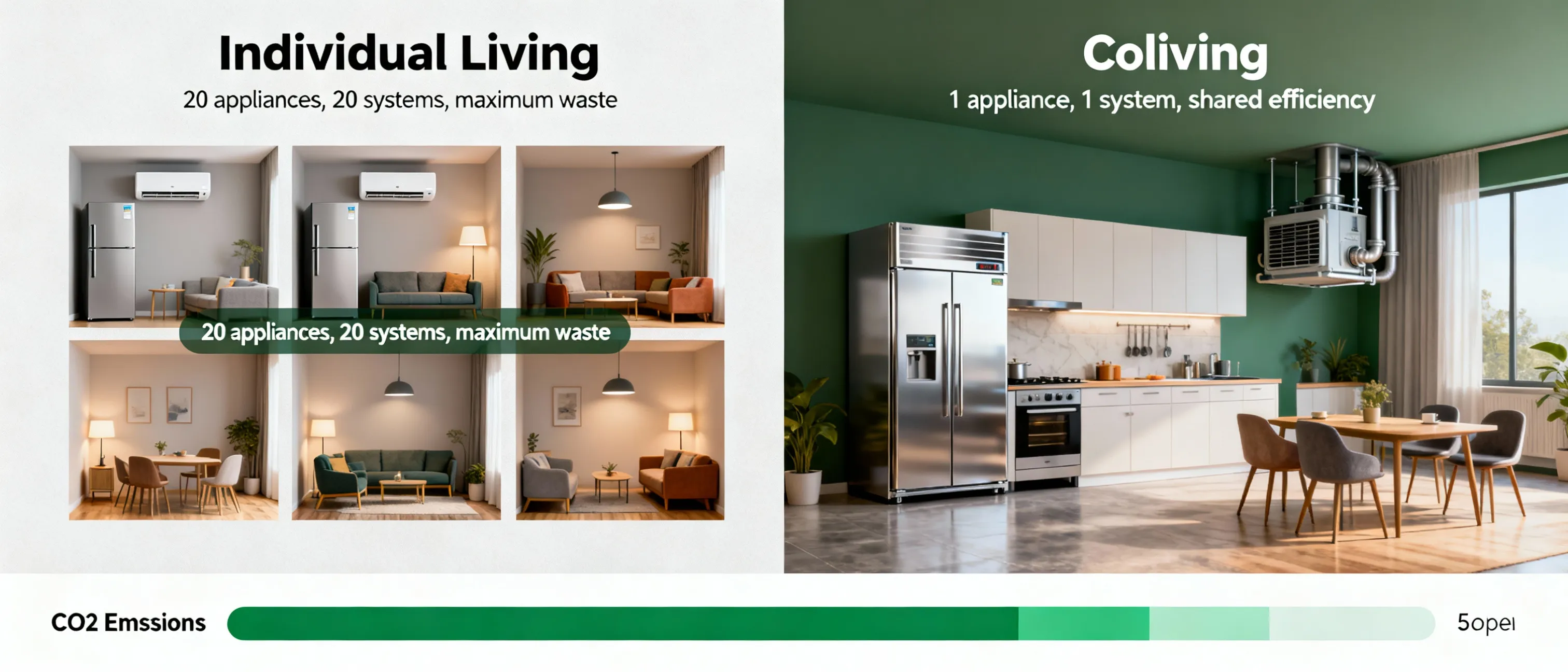 Infographic comparing carbon footprint of individual apartments versus shared coliving infrastructure
