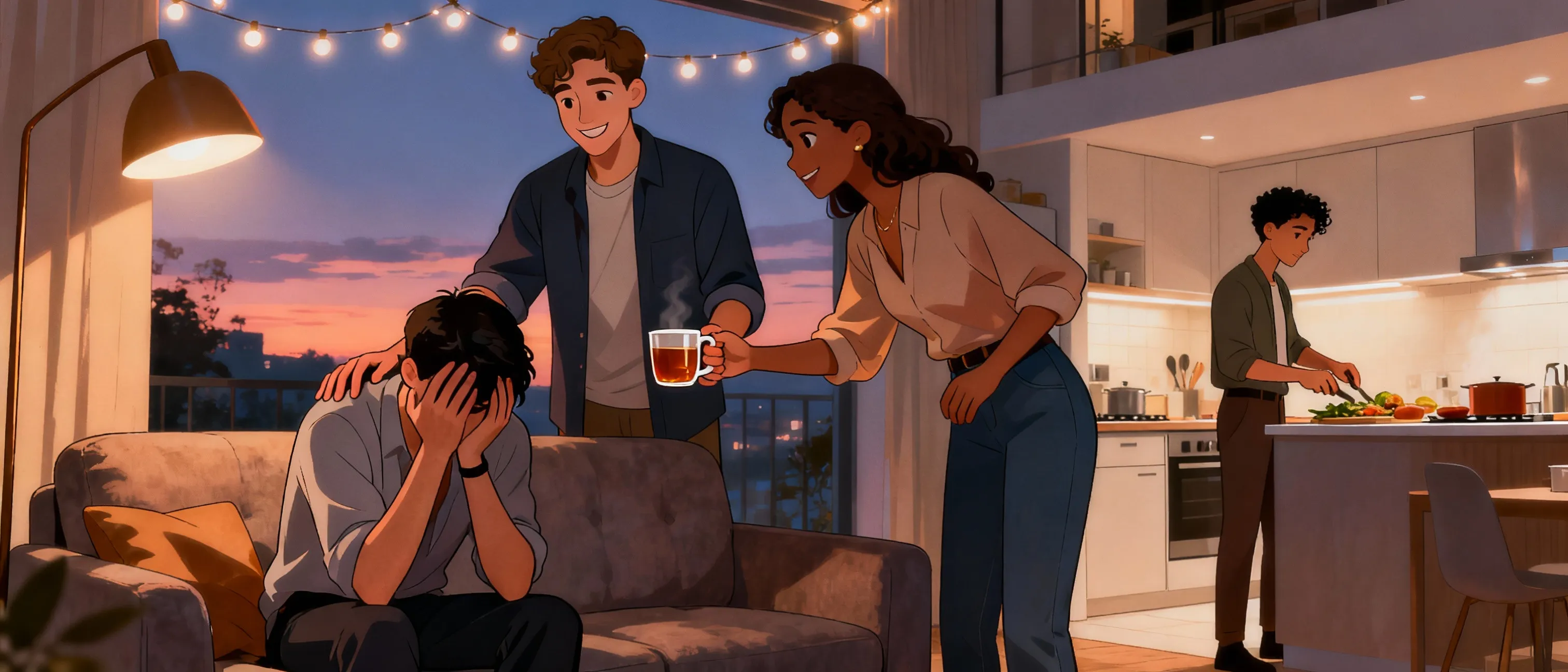 Coliving community members offering quiet emotional support to a fellow resident in a cozy shared living room.