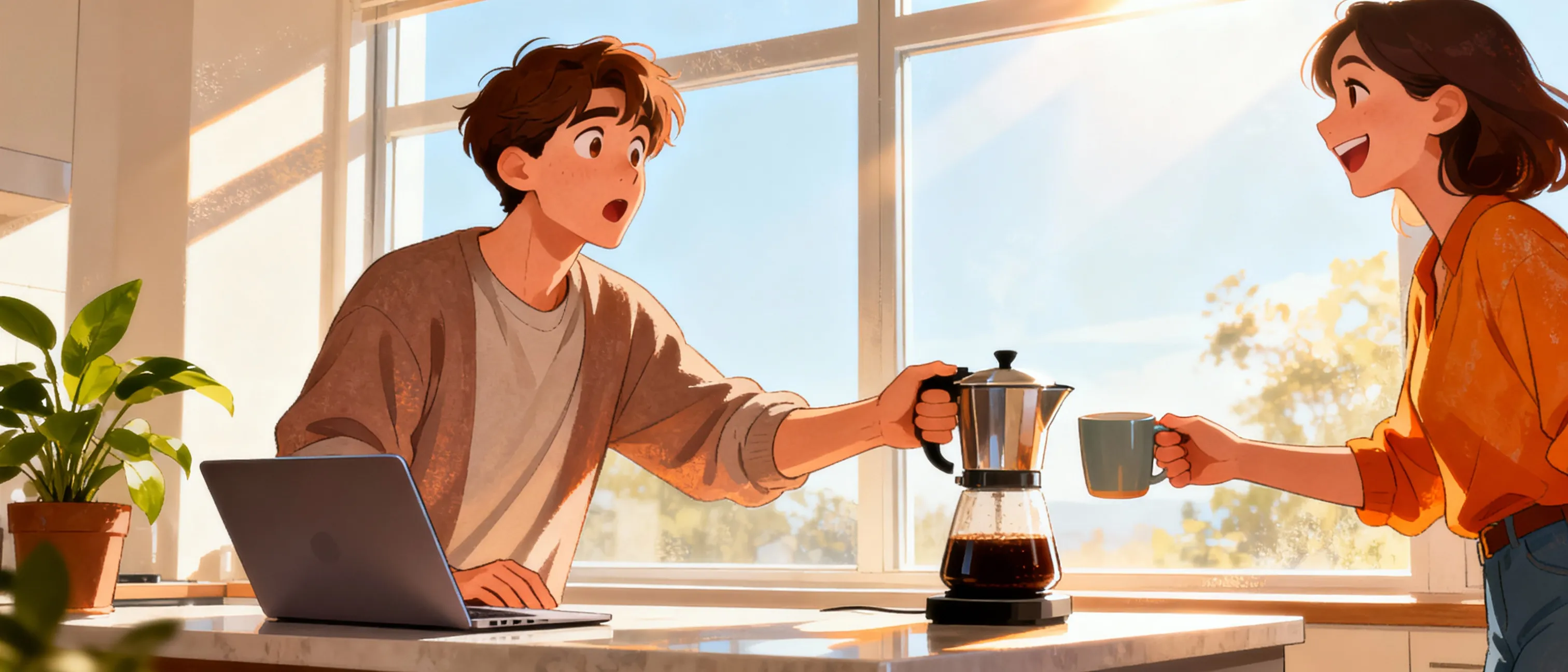 Illustration of two people sharing a spontaneous, friendly micro-interaction in a coliving kitchen